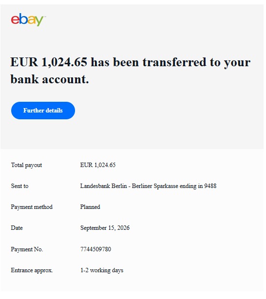 eBay payout confirmation showing the actual bank transfer from eBay seller account